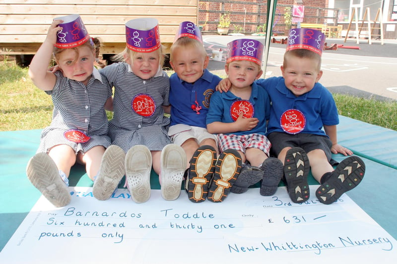 New Whittington Nursery School  raised £631 with a  sponsored toddle. Pictured with their charity cheque are  3 year olds Rebecca Mallen, charlotte Storey, christopher Brown, Mark Wallis and Cameron Sorockyj.