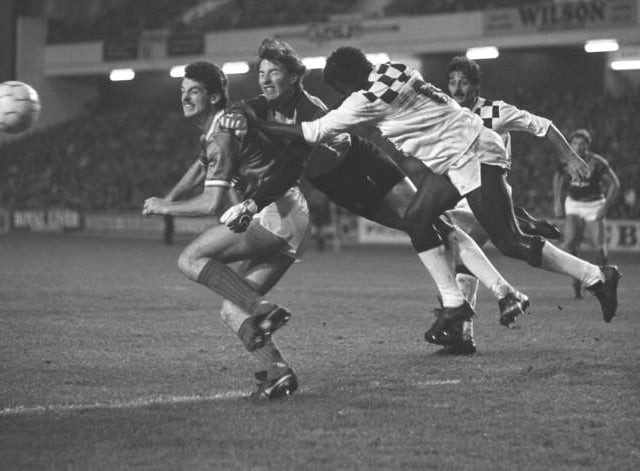 Guy Hubart and Adao da Silva combine to keep out Dave McPherson in the UEFA Cup second round first leg win.