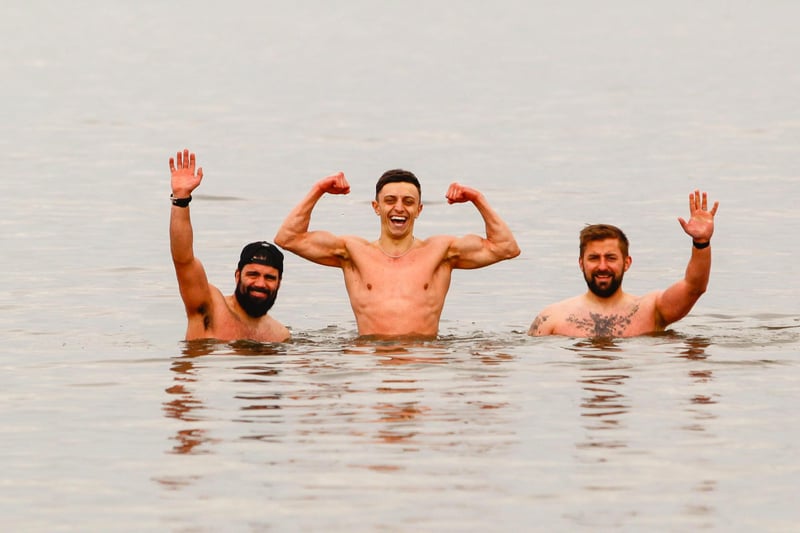 Brave swimmers David, Graham and Connor from Porty were pictured making the most of the recent rule changes by going for a dip in the sea.