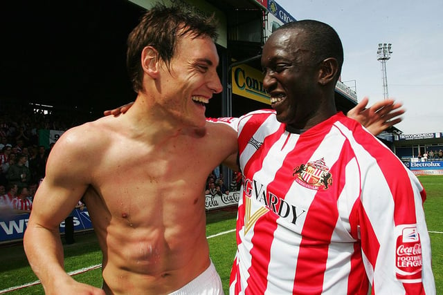 Dean Whitehead and Dwight Yorke share a grin after Sunderland's final day win.