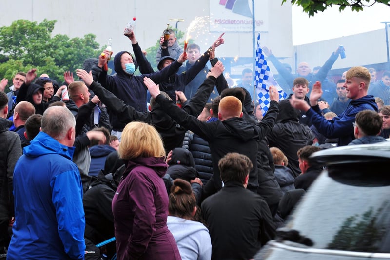 Fans celebrated Hartlepool United's promotion bus tour across town.