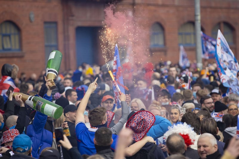 Rangers fans gather outside Ibrox as they are crowned champions on March 07, 2021, in Glasgow