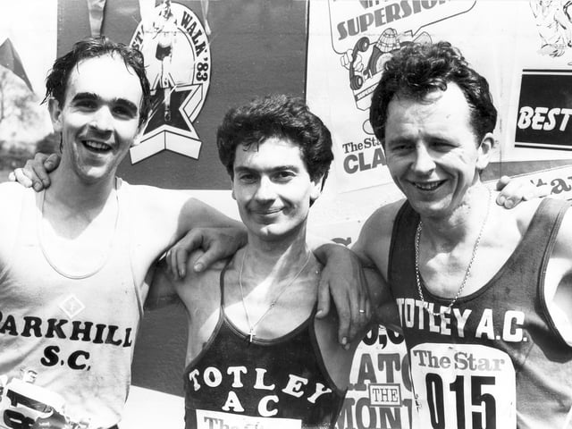 First three to cross the finish line in 1983, left to right, Gary Crossland and Les Morton, joint winners; Ken Rowe, third