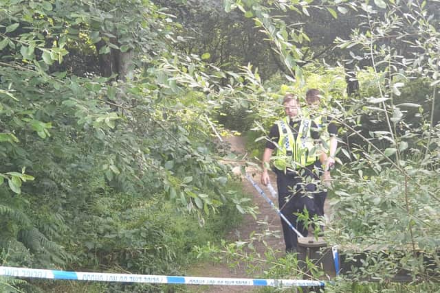 Officers were seen searching the undergrowth behind the cordon on Southmoor Road near Brierley, Barnsley tonight (Monday, July 11)