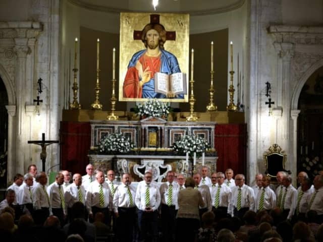 Dore Male Voice Choir performing at the Church of San Giuseppe in Taormina on their last tour of Italy in 2019