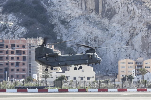 An RAF Chinook from 18 Sqn and 27 Sqn based at RAF Odiham, along with a  Royal Navy Merlin land at RAF Gibraltar on Sunday the 10th of September 2017 in Support of Op RUMAN, Supplies and helicopters will be transferred to HMS Ocean to assist in Humanitarian relief efforts in the wake of hurricane Irma.