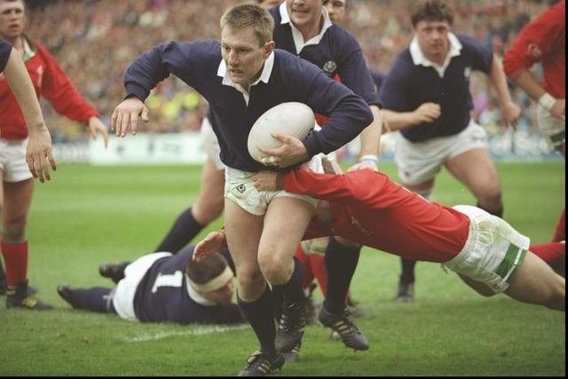 Gary Armstrong, capped 51 times between 1988 and 1999, is often named as Scotland’s greatest player ever. At club level, the former lorry driver, now 54, played for Jed-Forest, Newcastle Falcons and the Borders. Here he's pictured scoring during a Five Nations match against Wales at Murrayfield in 1993. (Photo: Mike Hewitt/Allsport)