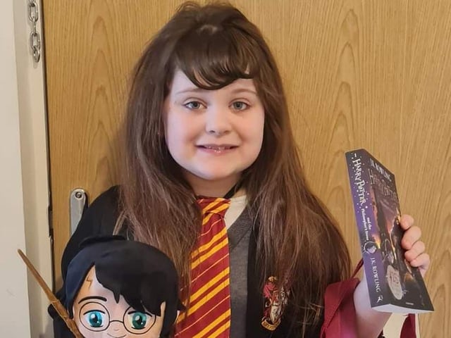 Mia, 7, dressed as Hermione from the Harry Potter books for World Book Day.