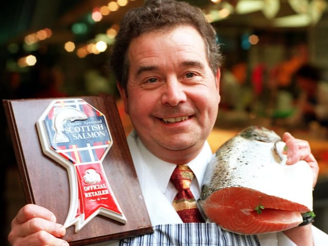 Bernard Taylor celebrates becoming an official retailer of Tatan Quality Scottish Salmon at his stall in Doncaster fish market in 1997