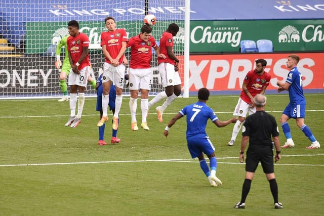 Leicester City's English midfielder Demarai Gray (C) sends a free kick over the defensive wall and over the bar during the English Premier League football match between Leicester City and Manchester United at King Power Stadium in Leicester, central England on July 26, 2020.