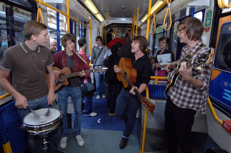 Local indie band Paperdots, from left, Anthoney Barlow, Scott Howes, James Leazely and Jonathan Birch, playing on a Supertram in Sheffield city centre