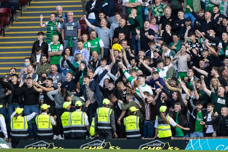 Delirious Hibees celebrate the 3-2 win at Fir Park