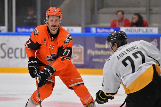 Keaton Ellerby on the ice for the Steelers against  Riga. Picture: Dean Woolley