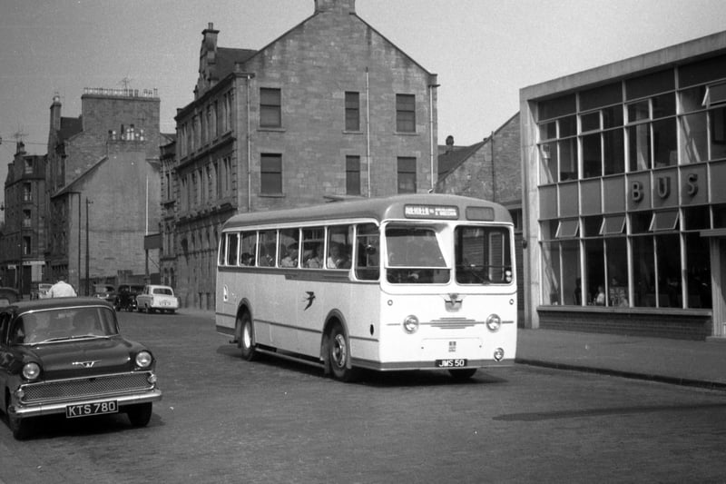 The Seagate bus station was opened in 1958 to replace Alexander’s bus station on Lindsay Street/South Ward Road. The site was originally the Trades Lane Calendar Works. The bus seen here is No AC99 (JMS 50), an Alexander-bodied AEC Reliance new in July 1956; it is heading for Aberdeen via Brechin.