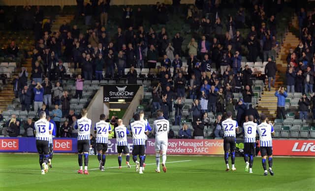 Sheffield Wednesday players applaud the fans who made the long midweek journey to Plymouth   Pic Steve Ellis