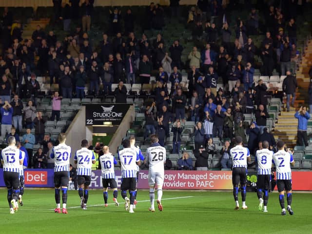 Sheffield Wednesday players applaud the fans who made the long midweek journey to Plymouth   Pic Steve Ellis