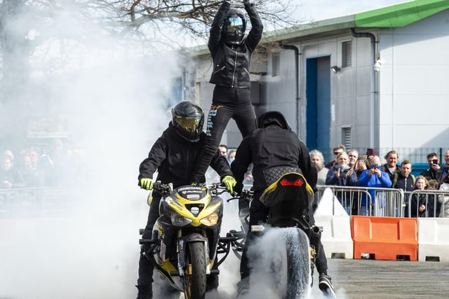 The team perform a choreographed show with the very latest cutting edge street bike freestyle tricks, then followed by tandem tricks from Vandal and Trina, the show then comes to an end with the awesome adrenaline filled drift bikes making plenty of noise and smoke.