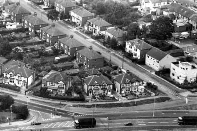 An aerial view of Robert Road and the Greenhill Main Road, in Meadowhead, Sheffield, in 1981.