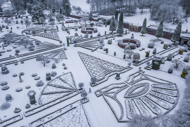 Snow covered Drummond Castle Gardens, Perthshire