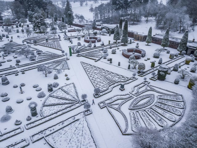 Snow covered Drummond Castle Gardens, Perthshire