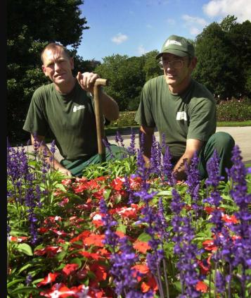 Elmfield Park gardeners put final touches on a flower bed before Britain in Bloom judges arrive in 2002.