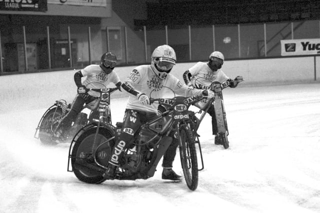 Les Collins, Steve Lawson and Jim McMillan at a session of 'Speedway on Ice' at Murrayfield ice rink Edinburgh, December 1986.
