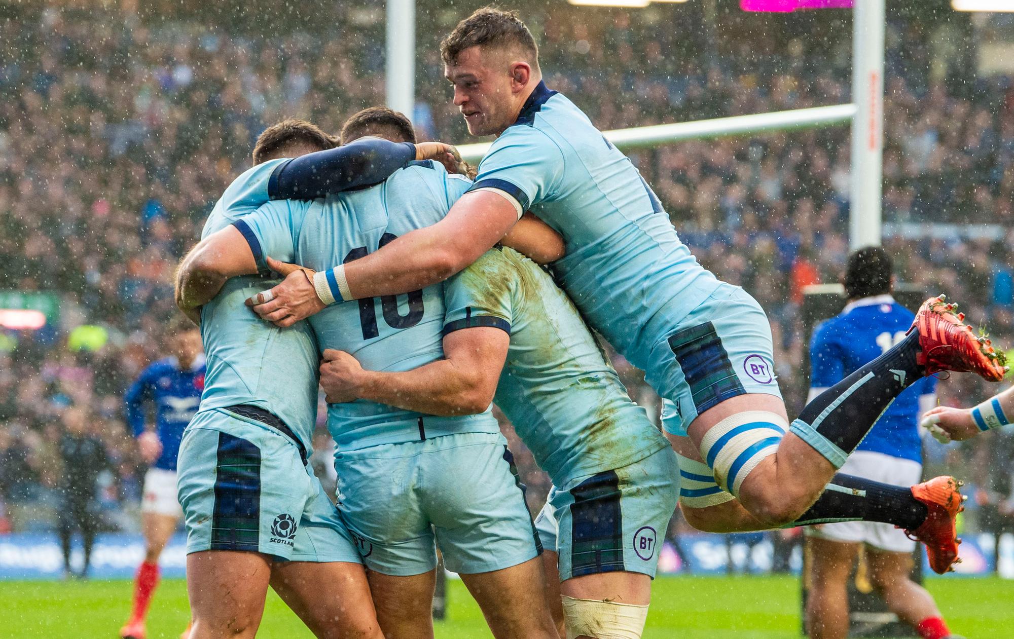 Scotland’s Stuart McInally celebrates his try.