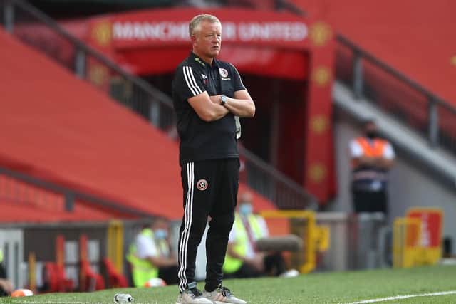 SHeffield United boss during the Premier League match between Manchester United and Sheffield United at Old Trafford on June 24, 2020 in Manchester, England. (Photo by Martin Rickett/Pool via Getty Images)