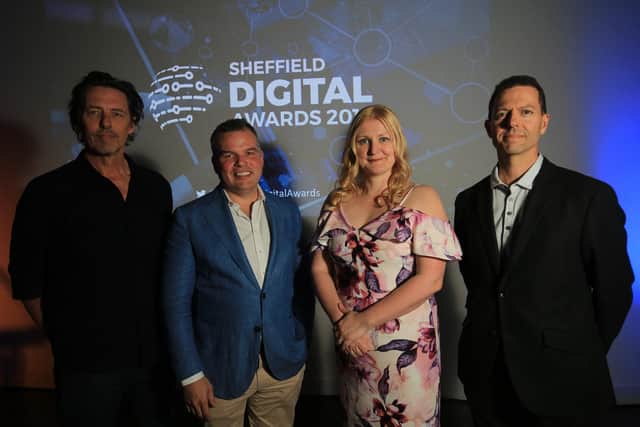 Sheffield Digital Awards 2019. Nick Morgan, of Kollider, WANdisco CEO David Richards, The Star Editor Nancy Fielder, and Business Editor David Walsh. Pic: Chris Etchells