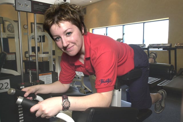 Weight management co-ordinator Katie Warburton on one of the exercise machines at  Fitness First Gym, Penistone Road, Wadsley Bridge in 2001