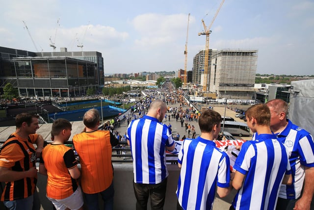 Hull City and Sheffield Wednesday fans look out from the concourse down on Wembley Way before the Championship Play-Off Final at Wembley Stadium