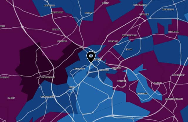 This map shows the case rate per 100,000 people in the Doncaster area for the seven days to November 20. Blue areas have  a rate of 200-399, burgundy 400-799, purple 800-plus.