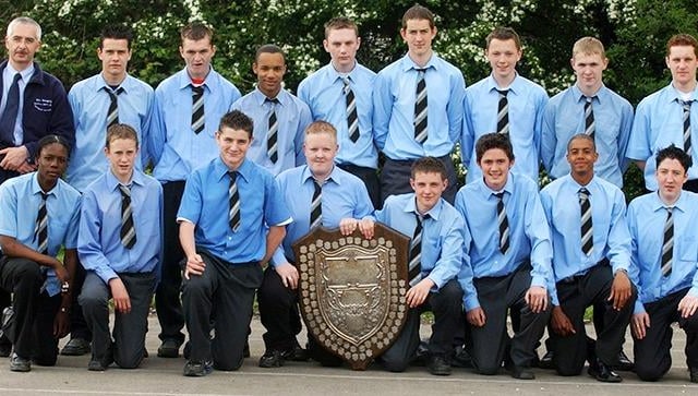 All Saints School year 11 boys football team with the Sheffield and District league trophy, on May 7, 2004