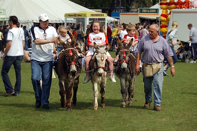 Mayfest at Hillsborough Park, Sheffield, in 2004. Handler Kevin Cavell, right, from Bridlington, with his Bridlington sea-side-donkeys, and, left to right, Sam Mellor, Olivia Mellor, 18 months, Georgia-Rae Tonks, 7, and Josh Tonks, 4.