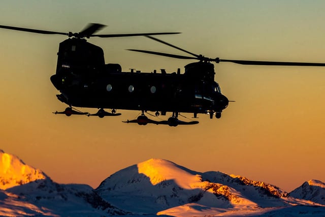 A Mk 4 CH-47 Chinook helicopter of 27 Squadron fitted with skis mountain flying near Bardufoss during Exercise Clockwork. Picture: PO Phot Si Ethell.
Based at RAF Odiham, 27 Sqn have deployed to Norway to conduct essential Arctic environmental qualification training for both Aircrew and Engineers as part of Joint Helicopter Command (JHC). 
February 9, 2017.