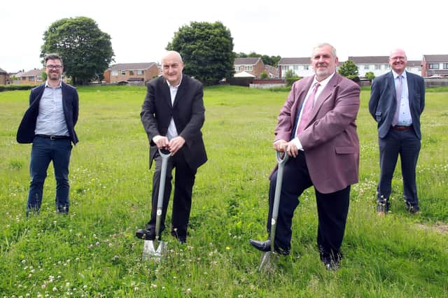 (L-R) Steve Birch, Interim Project Manager at SHC, Cllr. Mike Chaplin, Southey Ward Member, Cllr. Paul Wood, Executive Member for Housing, Roads and Waste Management and Stuart Leslie, Divisional Director at Esh Construction.. Photo by Glenn Ashley.