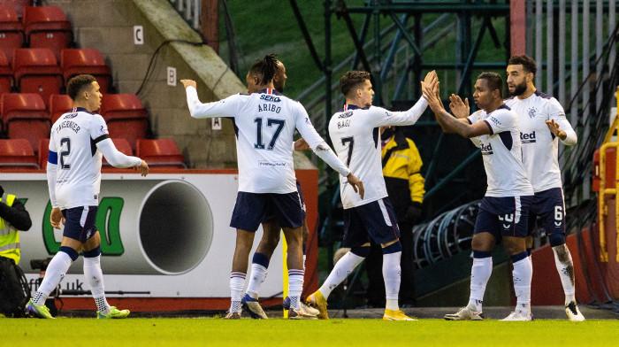 Rangers' Alfredo Morelos celebrates with teammates after making it 1-0 during a Scottish Premiership match between Aberdeen and Rangers at Pittodrie, on January 10, 2021, in Aberdeen, Scotland. (Photo by Alan Harvey / SNS Group)