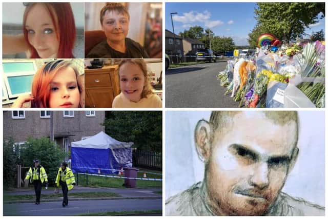 Clockwise from top left is: Terri Harris, her children John Paul Bennett and Lacey Bennett, and Lacey’s friend, Connie Gent, all of whom were murdered by Damien Bendall (court sketch in bottom right) at a property in Killamarsh in September 2021