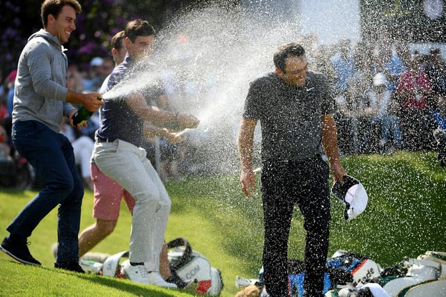 Francesco Molinari is given a champagne shower after his win at the BMW PGA in 2018. It was an annus mirablis for the Italian who went on to win the Open at Carnoustie two months later.