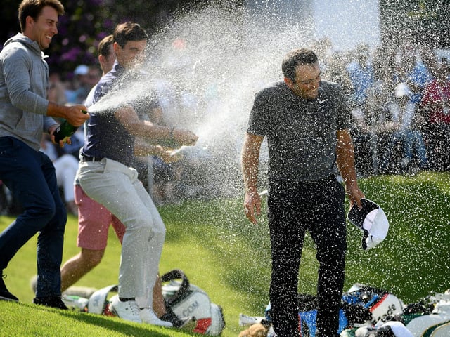 Francesco Molinari is given a champagne shower after his win at the BMW PGA in 2018. It was an annus mirablis for the Italian who went on to win the Open at Carnoustie two months later.
