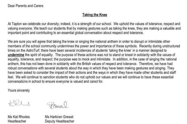 Tapton School's letter to parents and carers, setting out its stance on taking the knee