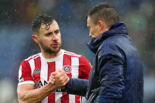 George Baldock of Sheffield United with his manager Paul Heckingbottom: Simon Bellis / Sportimage