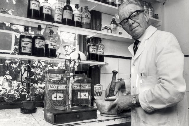 Herbalist Percy Hartley at work in his Walkley shop, August 3, 1981