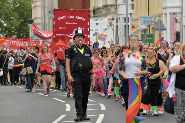 The Portsmouth Pride March makes it's way to Southsea Common, past Hampshire Terrace 2016. Picture: Mick Young 160762-11