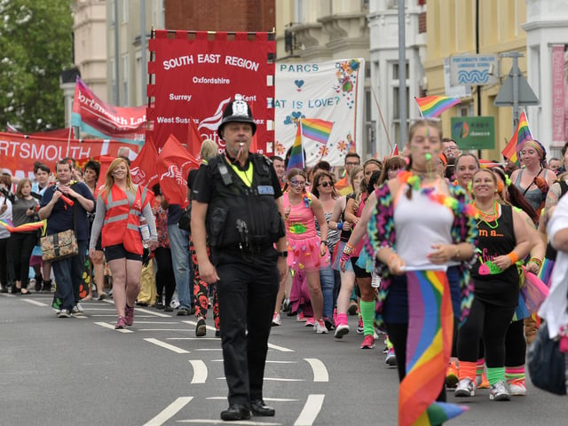 The Portsmouth Pride March makes it's way to Southsea Common, past Hampshire Terrace 2016. Picture: Mick Young 160762-11