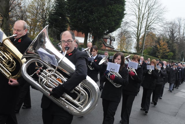 2010: a brass band performs at the head of the Hucknall Remembrance Day parade