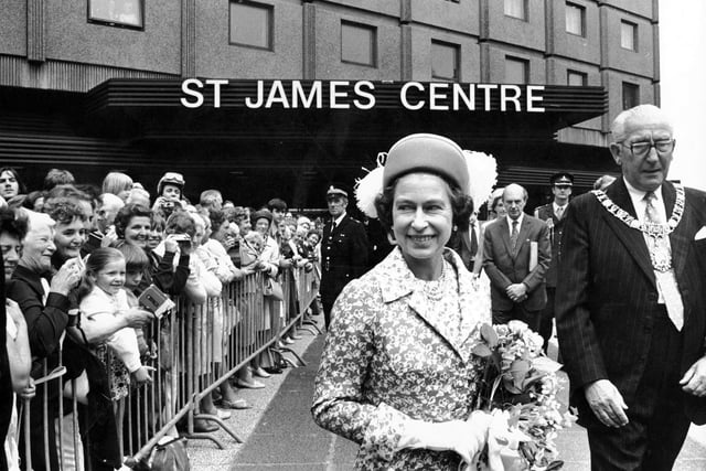 The Queen and Lord Provost John Miller outside St James Centre in Edinburgh in July 1975.