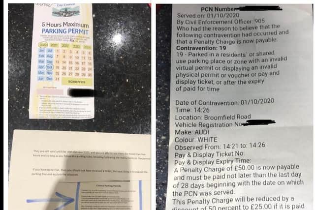 The parking permit and the parking ticket issued by the council.