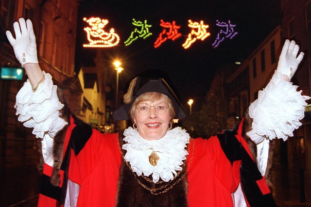 The Mayor of Doncaster, Councillor Yvonne Woodcock, is pictured beneath some of the Christmas lights she switched  in 1998
