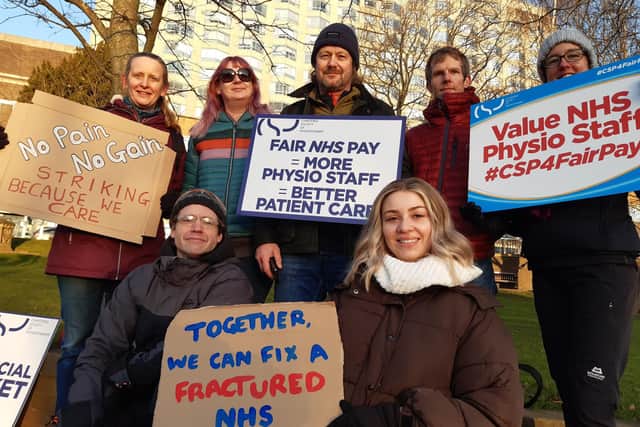 Picket lines were in place outside both the Northern General Hospital and the Royal Hallamshire Hospital today as the Chartered Society of Physiothetapy went on strike for the first time in its history. Picture shows the picket line at the Royal Hallamshire Hospital
